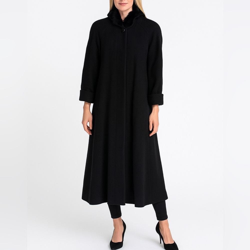 Vintage Donnybrook 100% Wool Women's 4 Black Trench Coat Genuine Rabbit Fur Hood